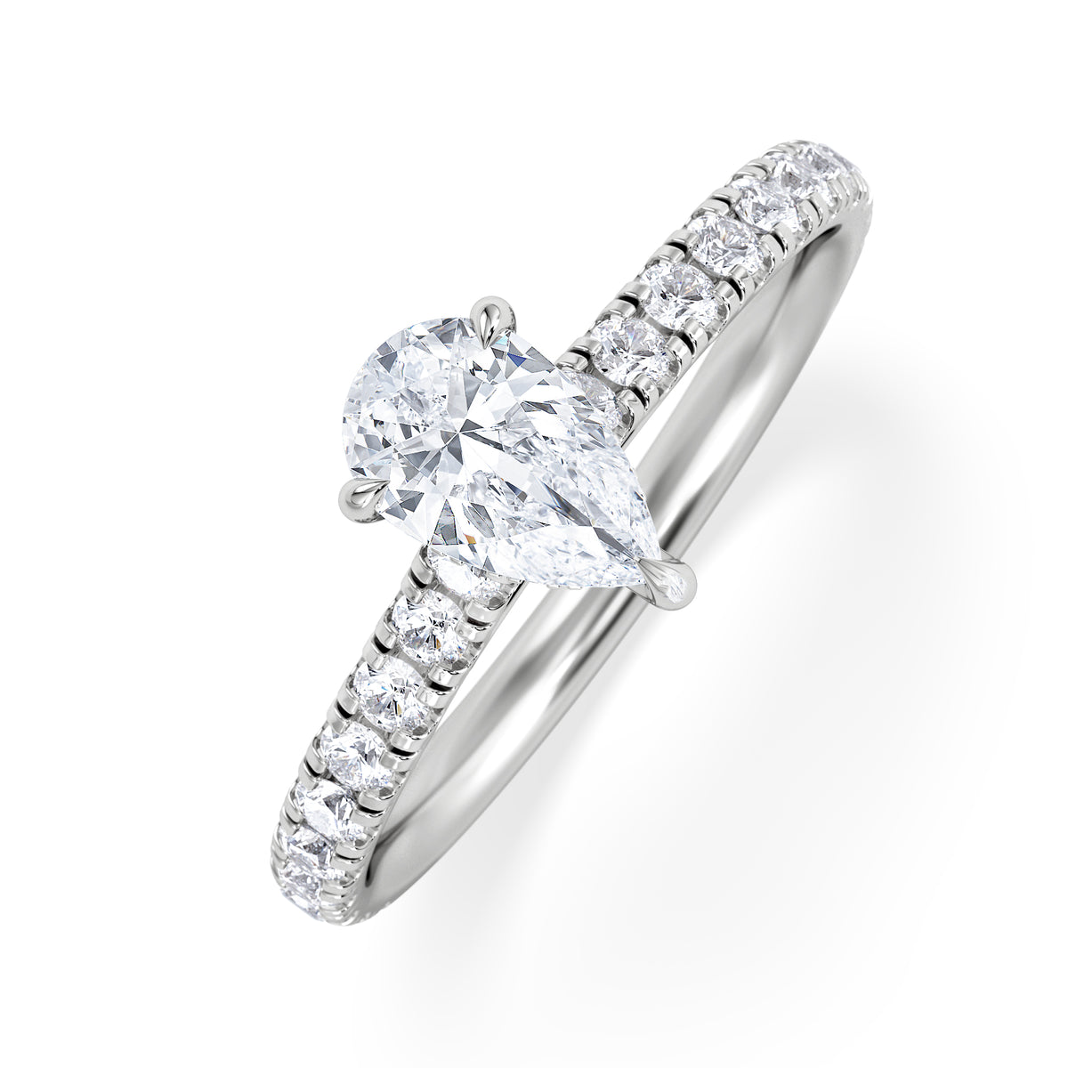 Amora Pear 0.97ct Hidden Halo Lab Diamond Engagement Ring With Side Stones Set in 18K White Gold