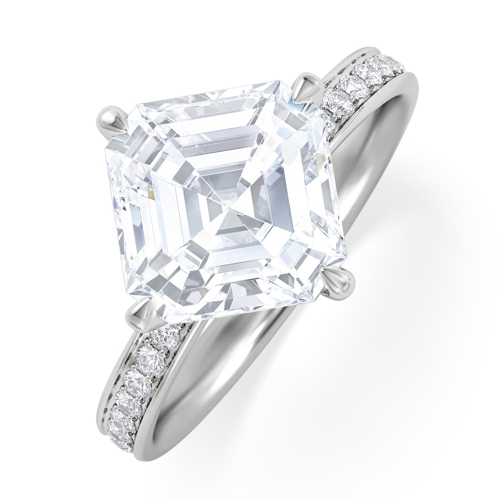 Origin Twist 3.00ct Asscher Cut Lab Diamond Solitaire Engagement Ring with Side Stones in 18K White Gold