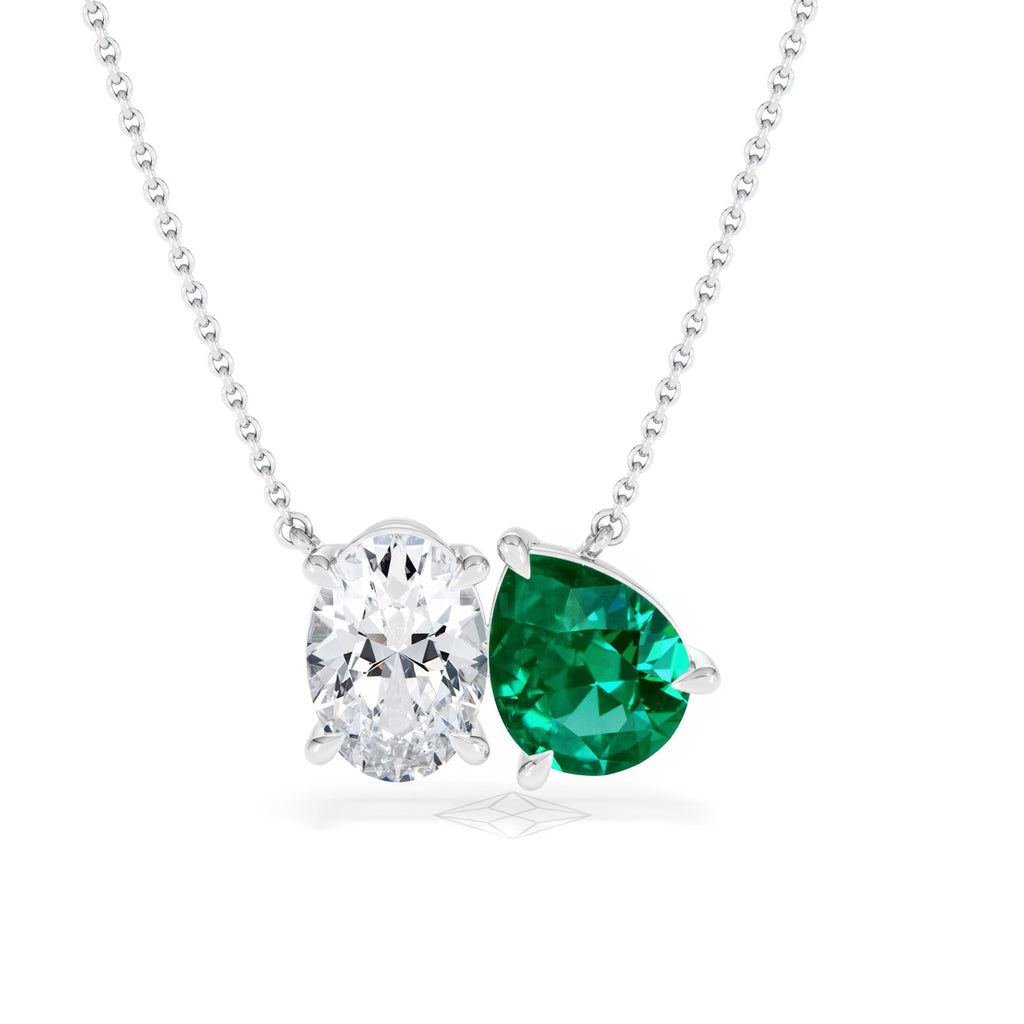 Toi Et Moi 1.50ct Oval Lab Diamond and 2.50ct Pear Lab Emerald Necklace in 18K White Gold
