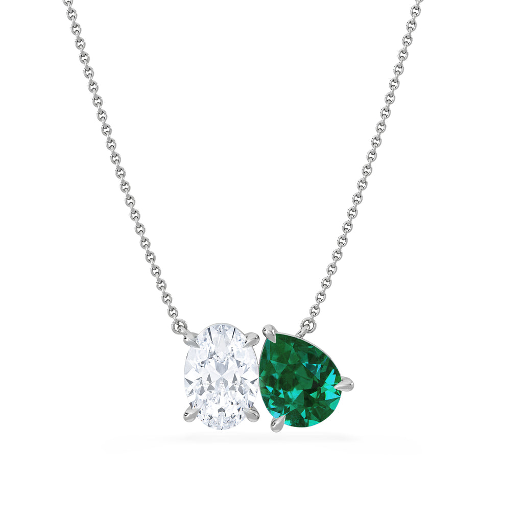 Toi Et Moi 1.50ct Oval Lab Diamond and 2.50ct Pear Lab Emerald Necklace in 18K White Gold
