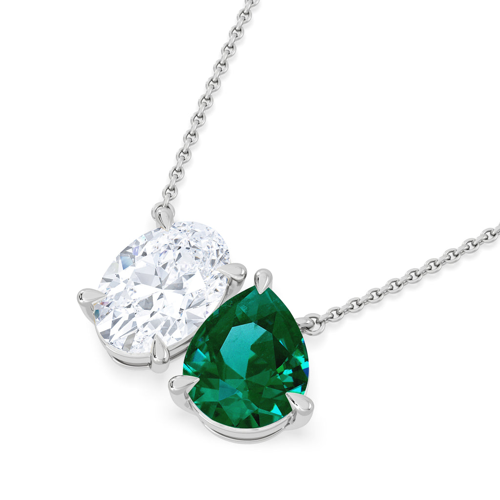 Toi Et Moi 1.50ct Oval Lab Diamond and 2.50ct Pear Lab Emerald Necklace in 18K White Gold