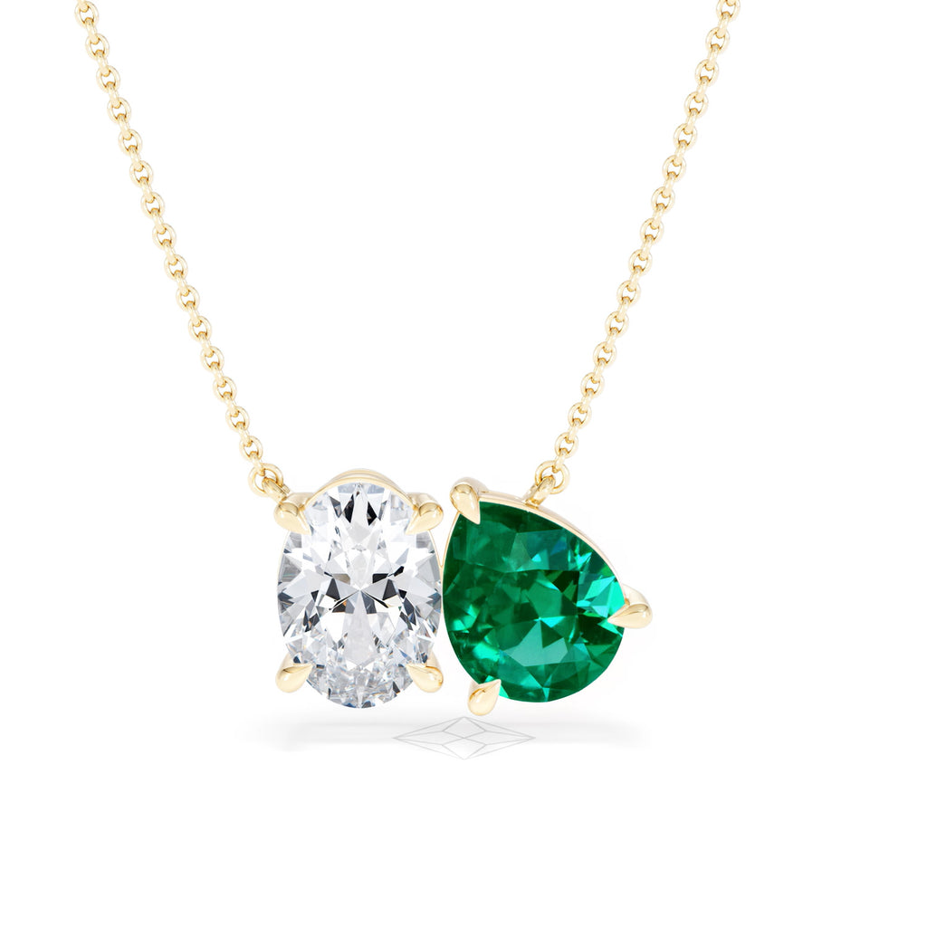 Toi Et Moi 1.50ct Oval Lab Diamond and 2.50ct Pear Lab Emerald Necklace in 18K Yellow Gold
