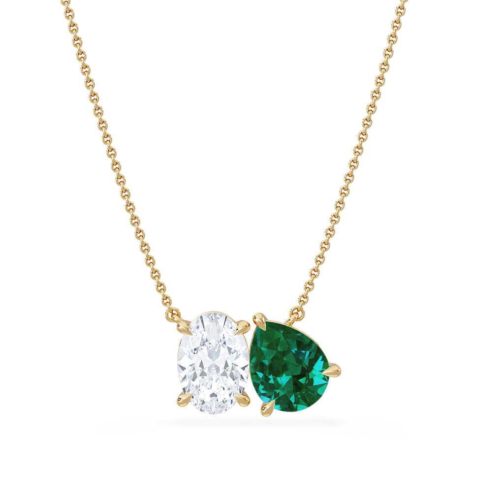 Toi Et Moi 1.50ct Oval Lab Diamond and 2.50ct Pear Lab Emerald Necklace in 18K Yellow Gold