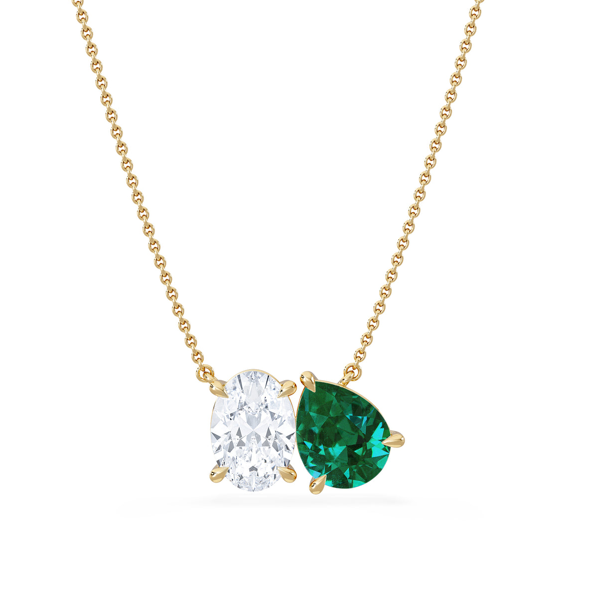 Toi Et Moi 1.50ct Oval Lab Diamond and 2.50ct Pear Lab Emerald Necklace in 18K Yellow Gold