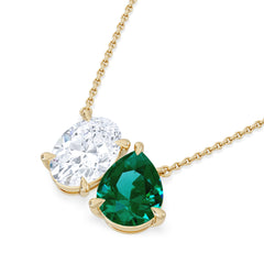 Toi Et Moi 1.50ct Oval Lab Diamond and 2.50ct Pear Lab Emerald Necklace in 18K Yellow Gold