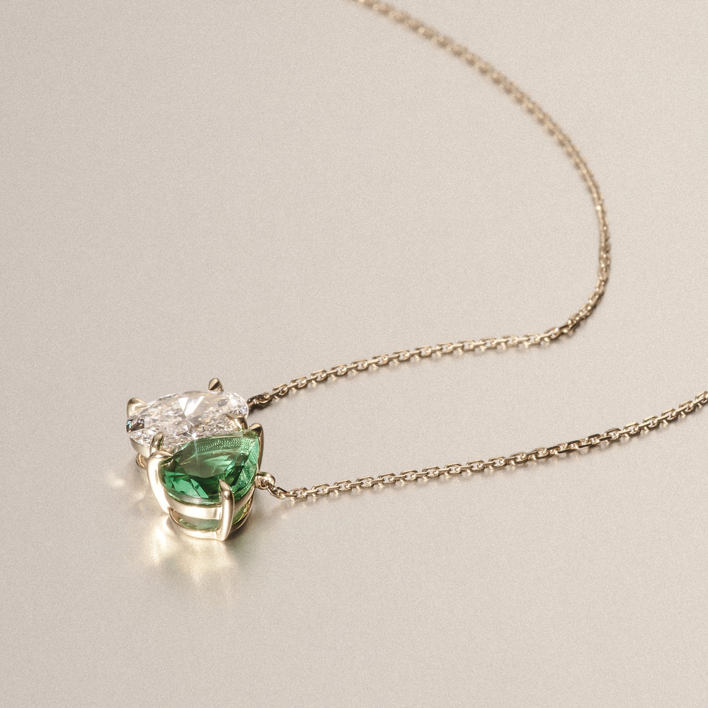 Toi Et Moi 1.50ct Oval Lab Diamond and 2.50ct Pear Lab Emerald Necklace in 18K Yellow Gold