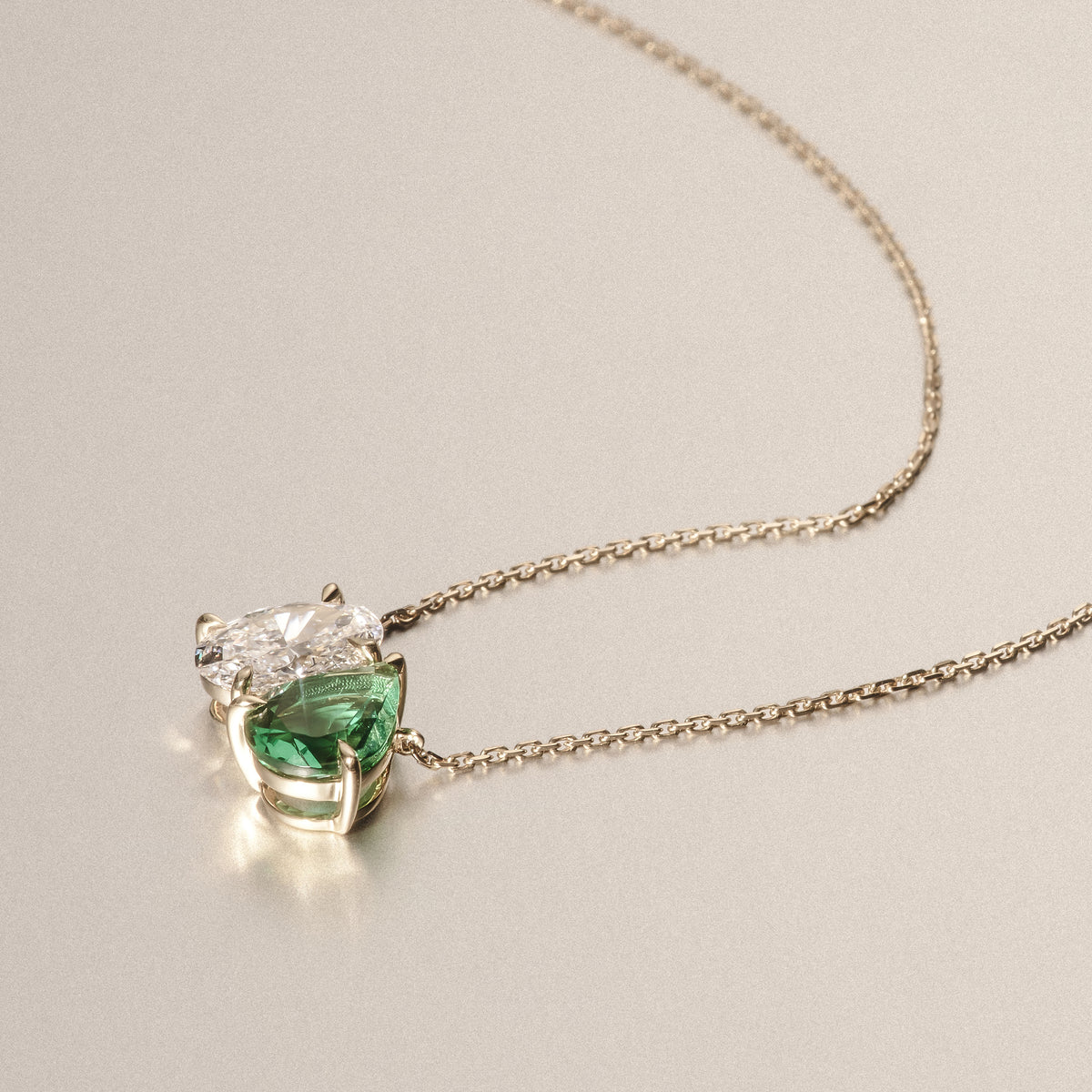 Toi Et Moi 1.50ct Oval Lab Diamond and 2.50ct Pear Lab Emerald Necklace in 18K Yellow Gold