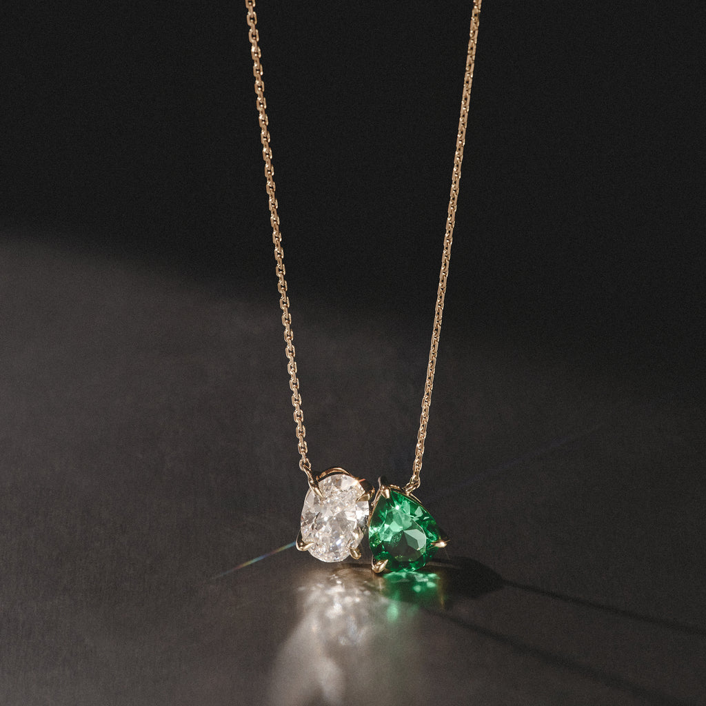 Toi Et Moi 1.50ct Oval Lab Diamond and 2.50ct Pear Lab Emerald Necklace in 18K Yellow Gold
