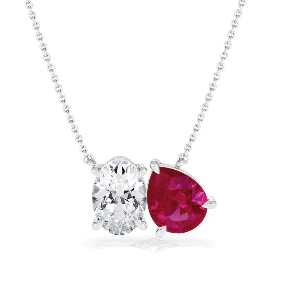 Toi Et Moi 1.50ct Oval Lab Diamond and 2.50ct Pear Lab Ruby Necklace in 18K White Gold