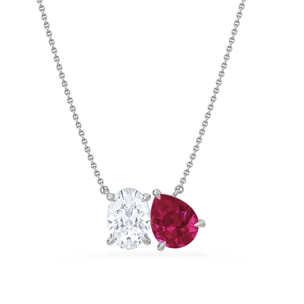 Toi Et Moi 1.50ct Oval Lab Diamond and 2.50ct Pear Lab Ruby Necklace in 18K White Gold