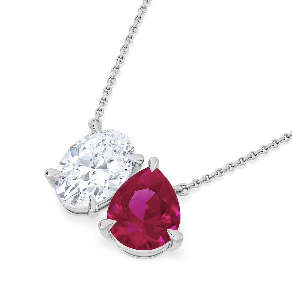 Toi Et Moi 1.50ct Oval Lab Diamond and 2.50ct Pear Lab Ruby Necklace in 18K White Gold
