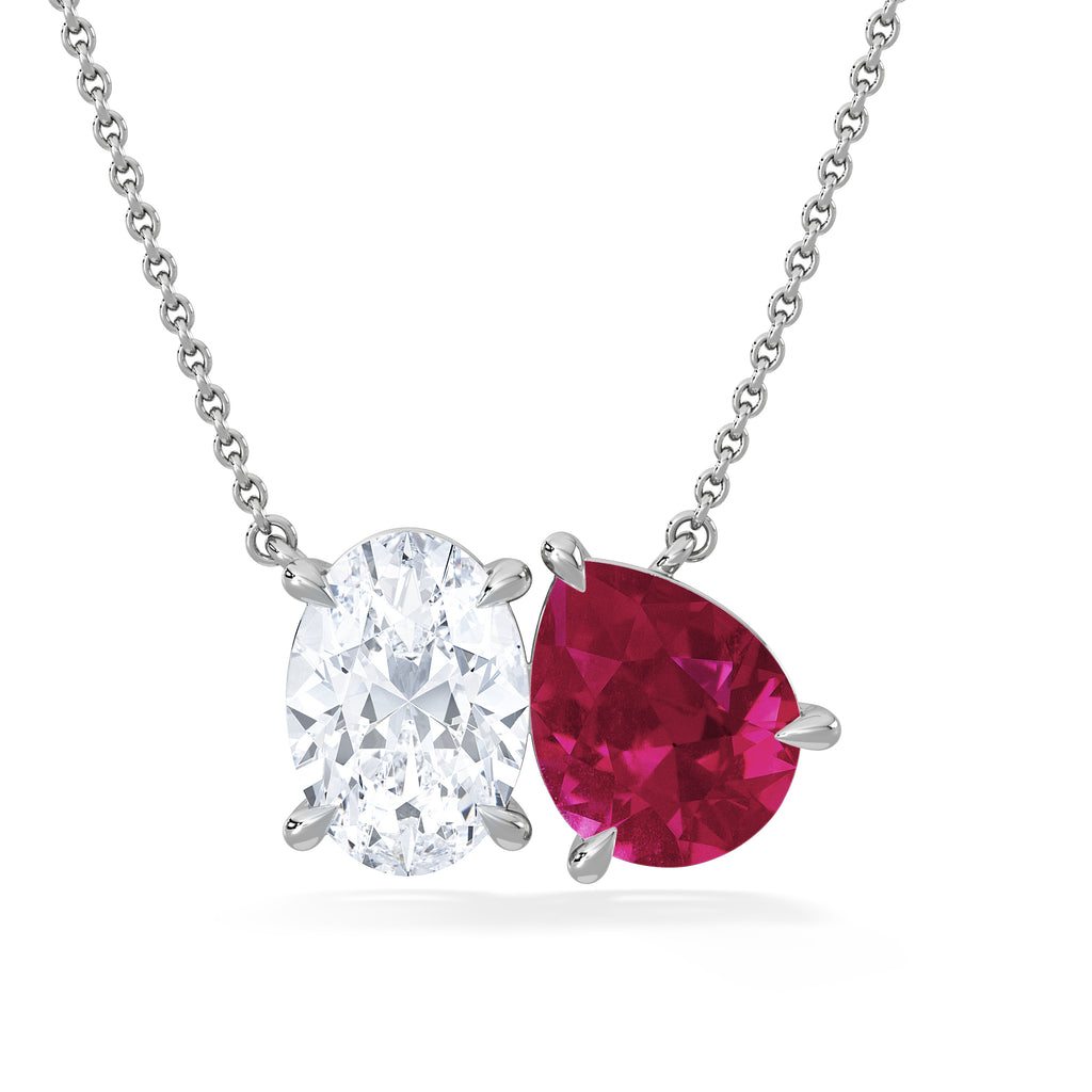 Toi Et Moi 1.50ct Oval Lab Diamond and 2.50ct Pear Lab Ruby Necklace in 18K White Gold