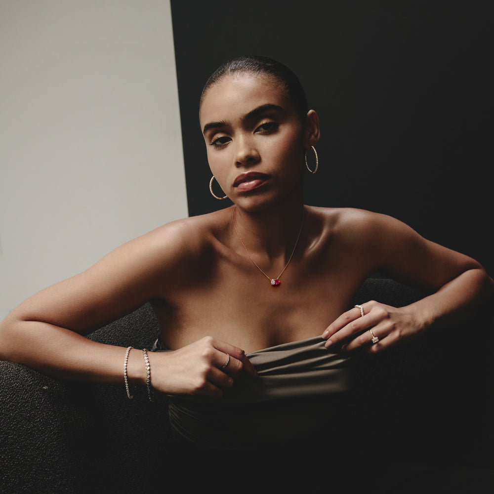 Toi Et Moi 1.50ct Oval Lab Diamond and 2.50ct Pear Lab Ruby Necklace in 18K White Gold