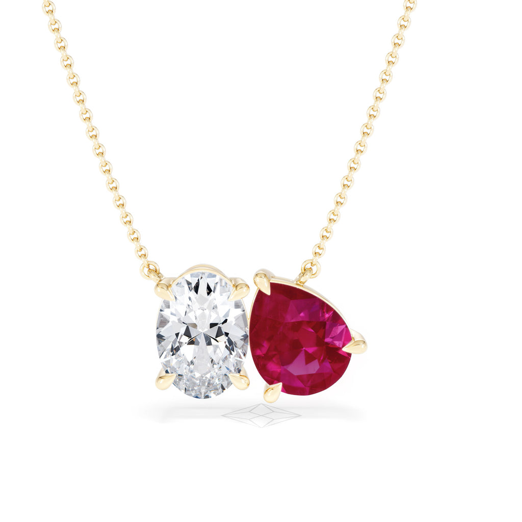 Toi Et Moi 1.50ct Oval Lab Diamond and 2.50ct Pear Lab Ruby Necklace in 18K Yellow Gold