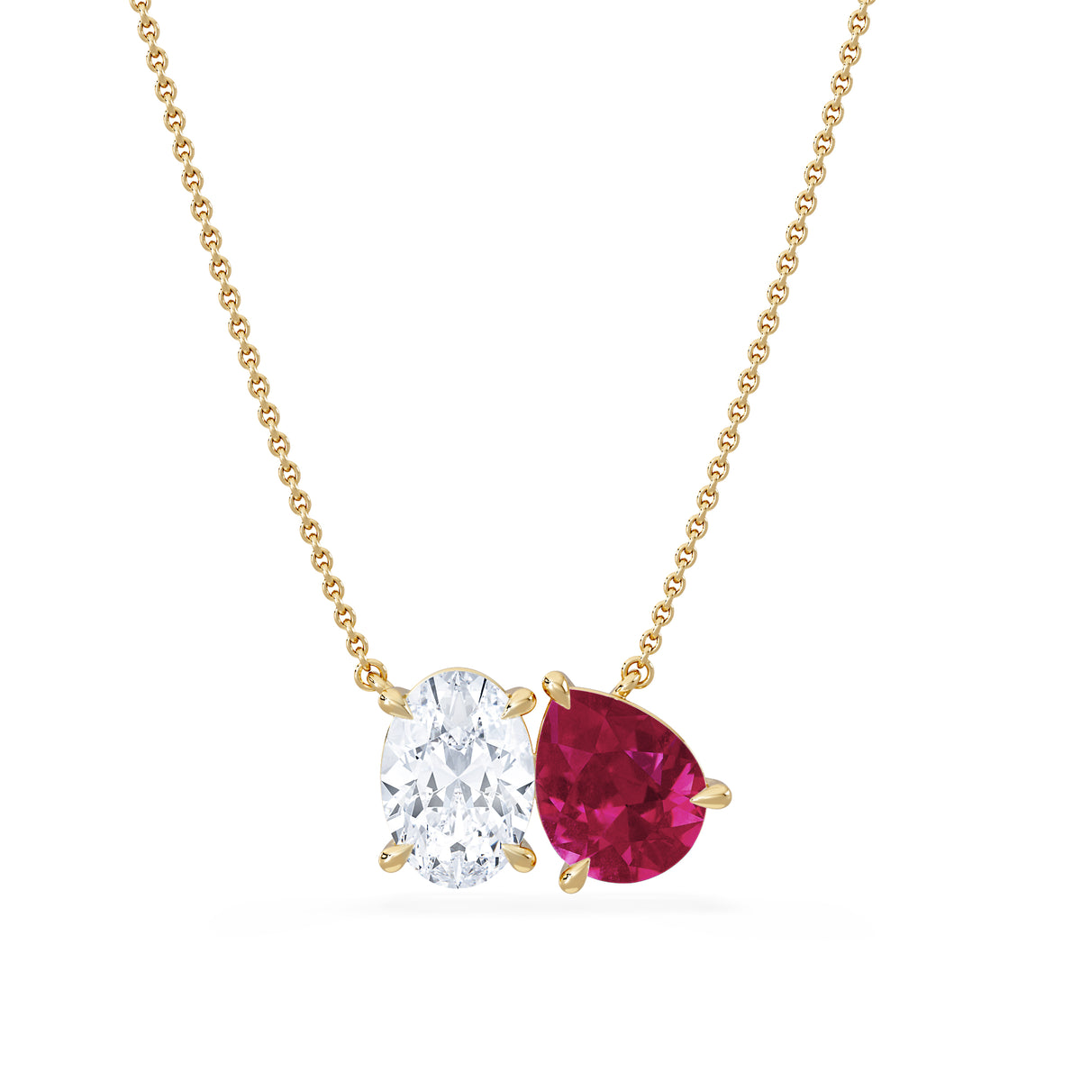 Toi Et Moi 1.50ct Oval Lab Diamond and 2.50ct Pear Lab Ruby Necklace in 18K Yellow Gold