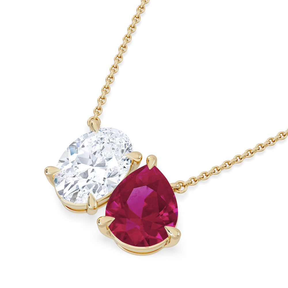 Toi Et Moi 1.50ct Oval Lab Diamond and 2.50ct Pear Lab Ruby Necklace in 18K Yellow Gold