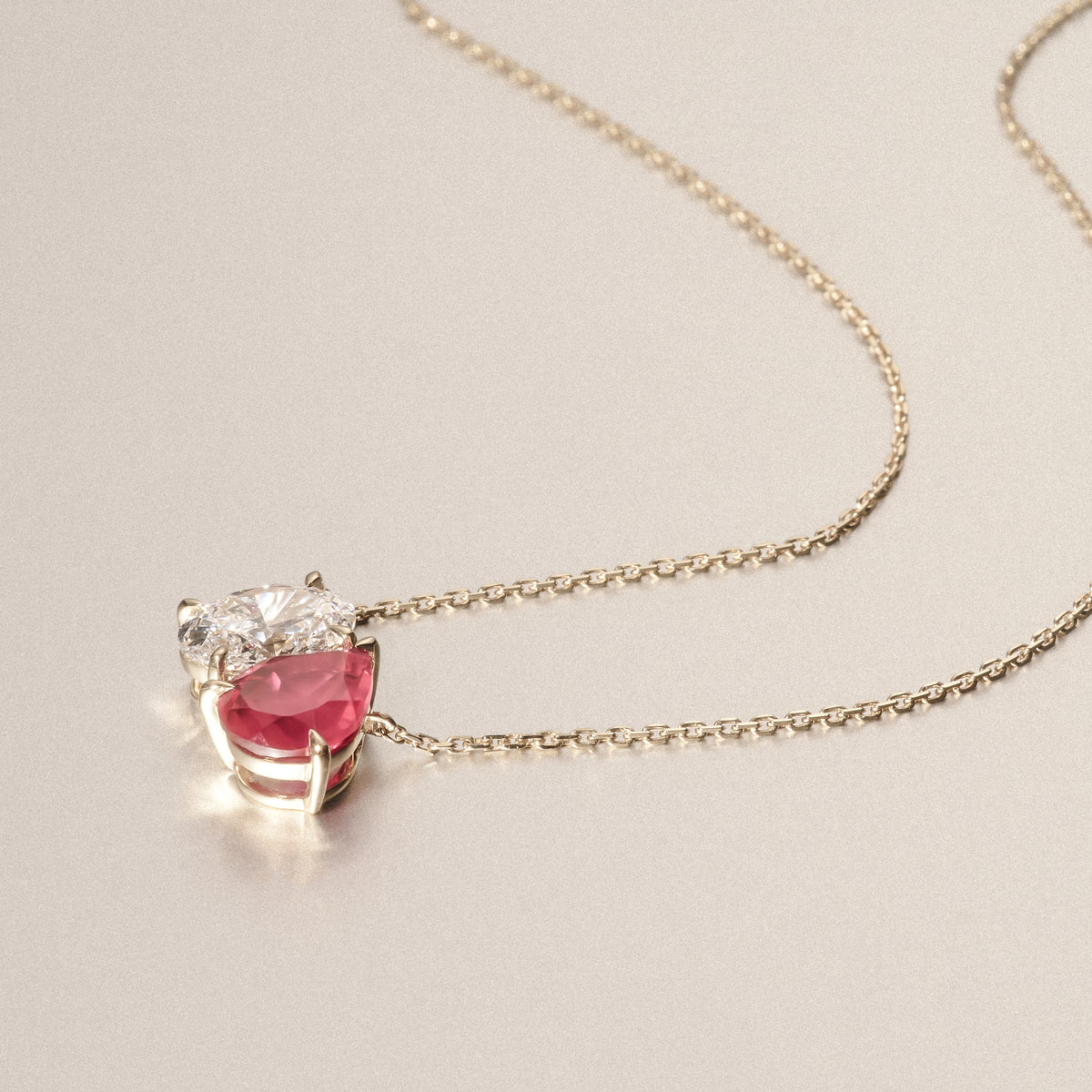 Toi Et Moi 1.50ct Oval Lab Diamond and 2.50ct Pear Lab Ruby Necklace in 18K Yellow Gold