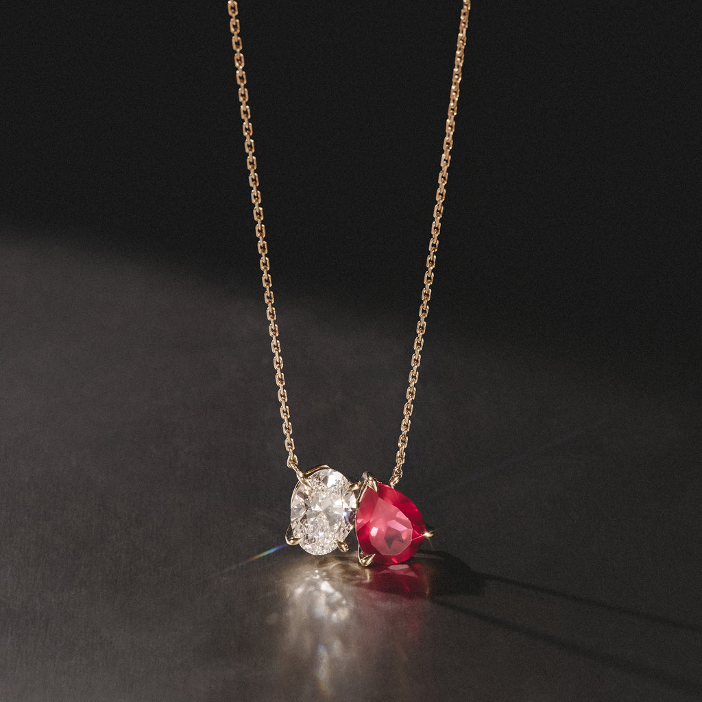 Toi Et Moi 1.50ct Oval Lab Diamond and 2.50ct Pear Lab Ruby Necklace in 18K Yellow Gold