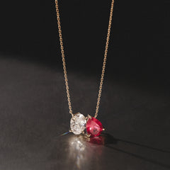 Toi Et Moi 1.50ct Oval Lab Diamond and 2.50ct Pear Lab Ruby Necklace in 18K Yellow Gold