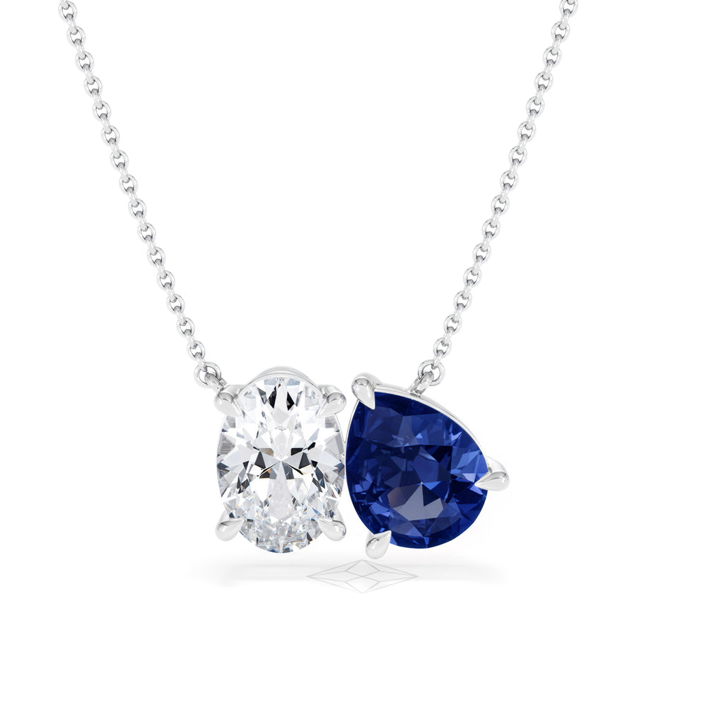 Toi Et Moi 1.50ct Oval Lab Diamond and 2.50ct Pear Lab Sapphire Necklace in 18K White Gold