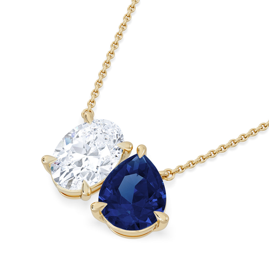 Toi Et Moi 1.50ct Oval Lab Diamond and 2.50ct Pear Lab Sapphire Necklace in 18K Yellow Gold