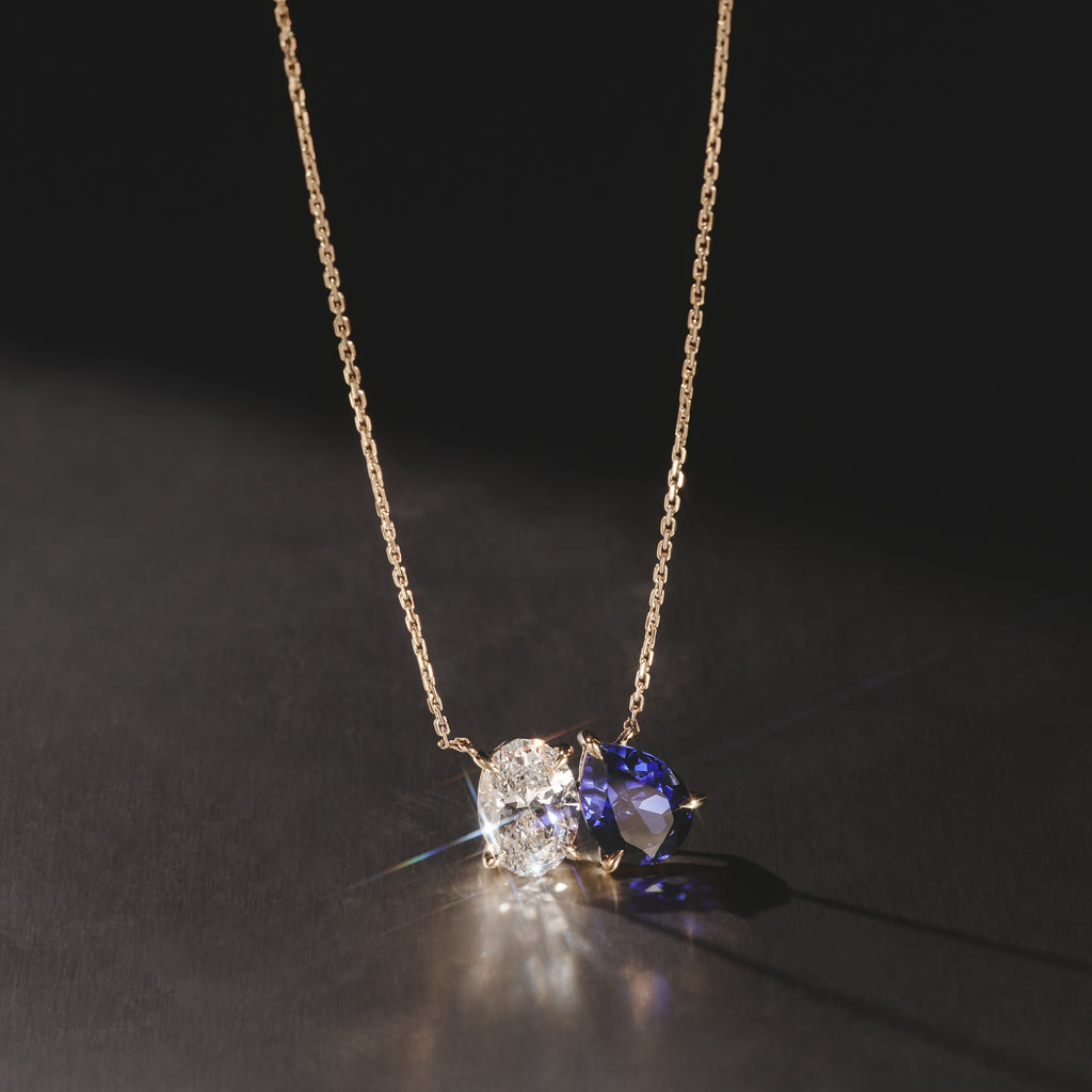 Toi Et Moi 1.50ct Oval Lab Diamond and 2.50ct Pear Lab Sapphire Necklace in 18K Yellow Gold