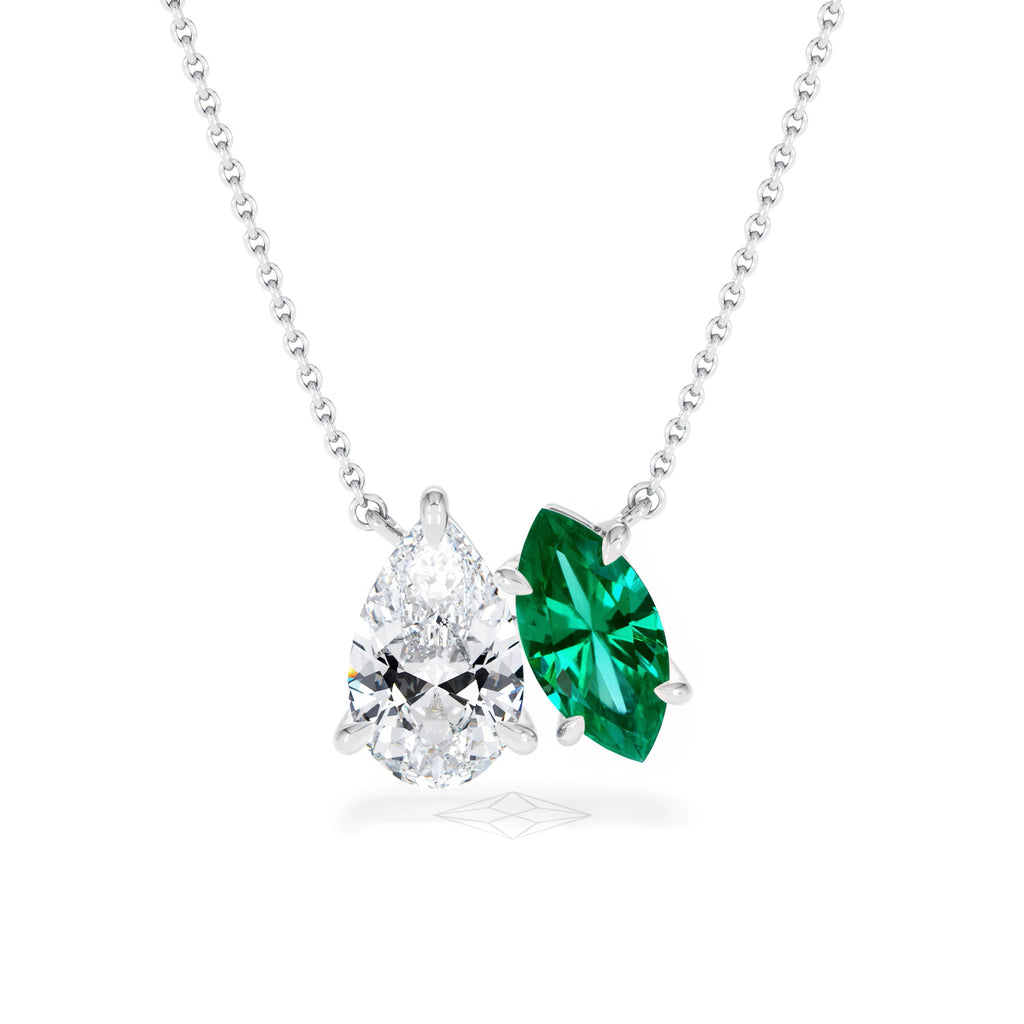 Toi Et Moi 1.50ct Pear Lab Diamond and 1.30ct Marquise Lab Emerald Necklace in 18K White Gold