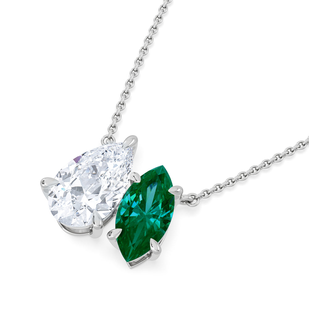 Toi Et Moi 1.50ct Pear Lab Diamond and 1.30ct Marquise Lab Emerald Necklace in 18K White Gold