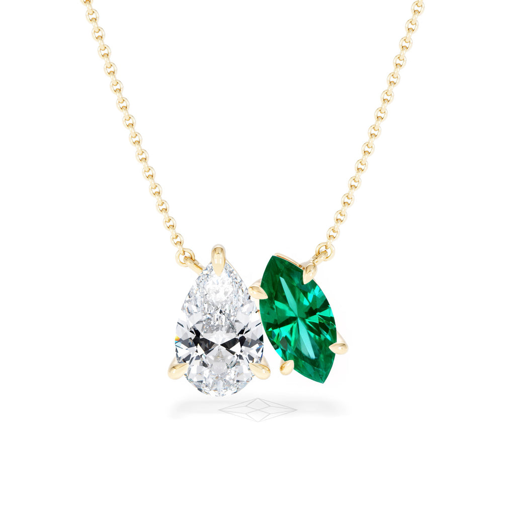 Toi Et Moi 1.50ct Pear Lab Diamond and 1.30ct Marquise Lab Emerald Necklace in 18K Yellow Gold