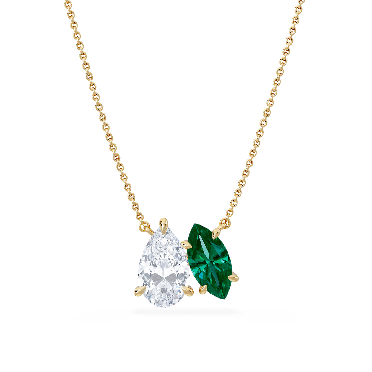 Toi Et Moi 1.50ct Pear Lab Diamond and 1.30ct Marquise Lab Emerald Necklace in 18K Yellow Gold