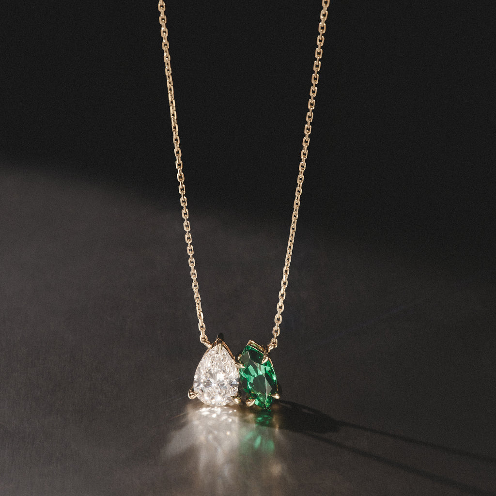 Toi Et Moi 1.50ct Pear Lab Diamond and 1.30ct Marquise Lab Emerald Necklace in 18K Yellow Gold