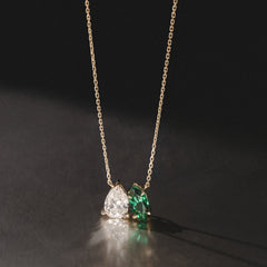 Toi Et Moi 1.50ct Pear Lab Diamond and 1.30ct Marquise Lab Emerald Necklace in 18K Yellow Gold