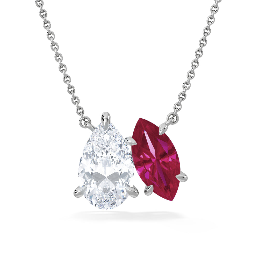 Toi Et Moi 1.50ct Pear Lab Diamond and 1.30ct Marquise Lab Ruby Necklace in 18K White Gold