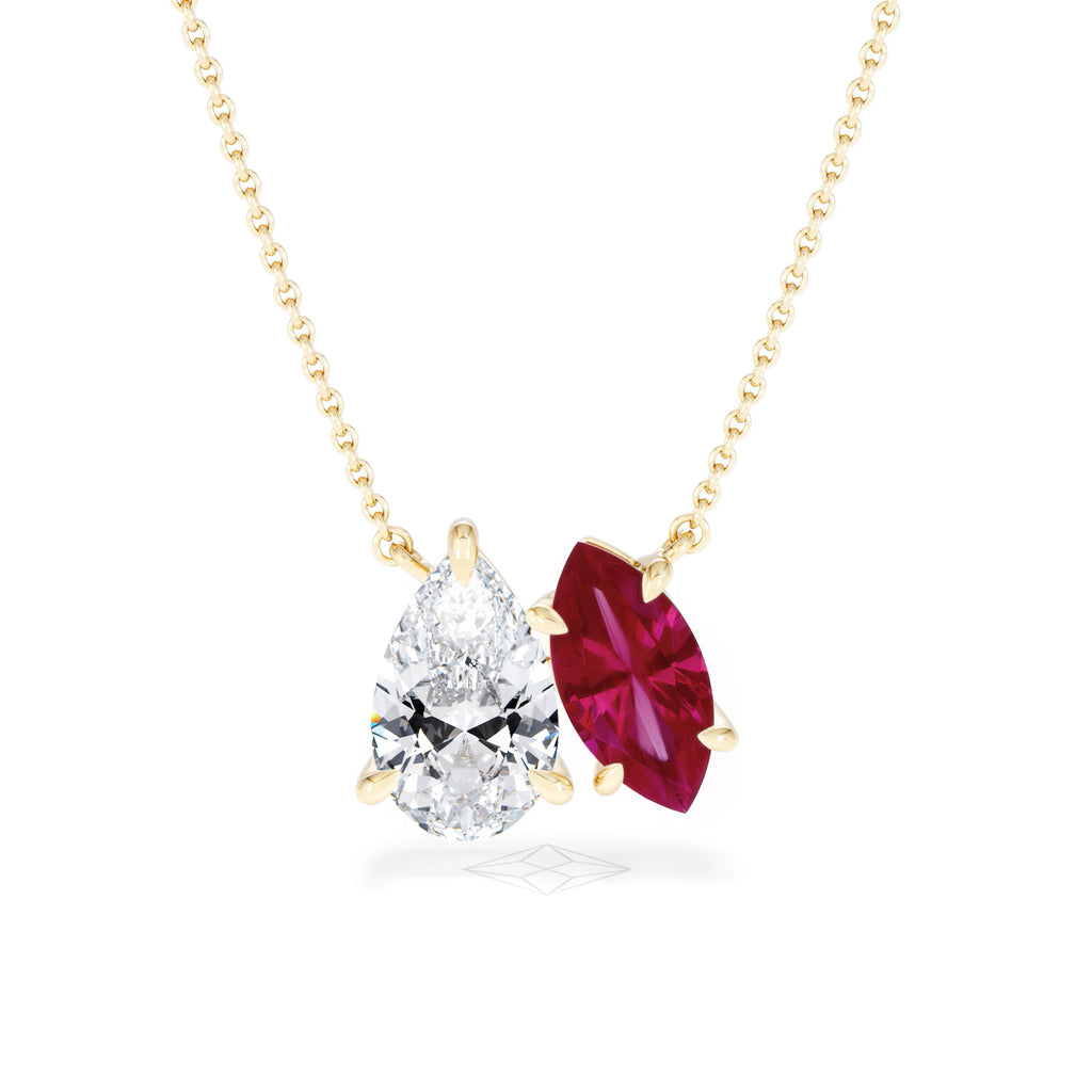 Toi Et Moi 1.50ct Pear Lab Diamond and 1.30ct Marquise Lab Ruby Necklace in 18K Yellow Gold
