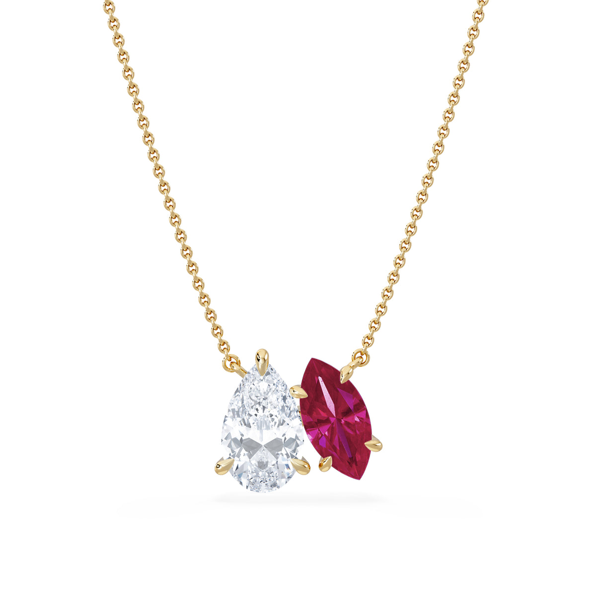 Toi Et Moi 1.50ct Pear Lab Diamond and 1.30ct Marquise Lab Ruby Necklace in 18K Yellow Gold