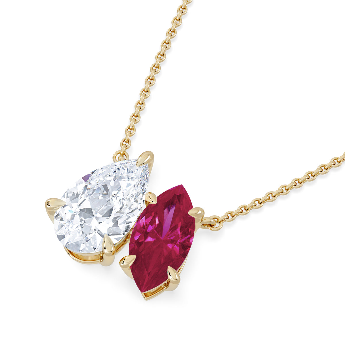 Toi Et Moi 1.50ct Pear Lab Diamond and 1.30ct Marquise Lab Ruby Necklace in 18K Yellow Gold