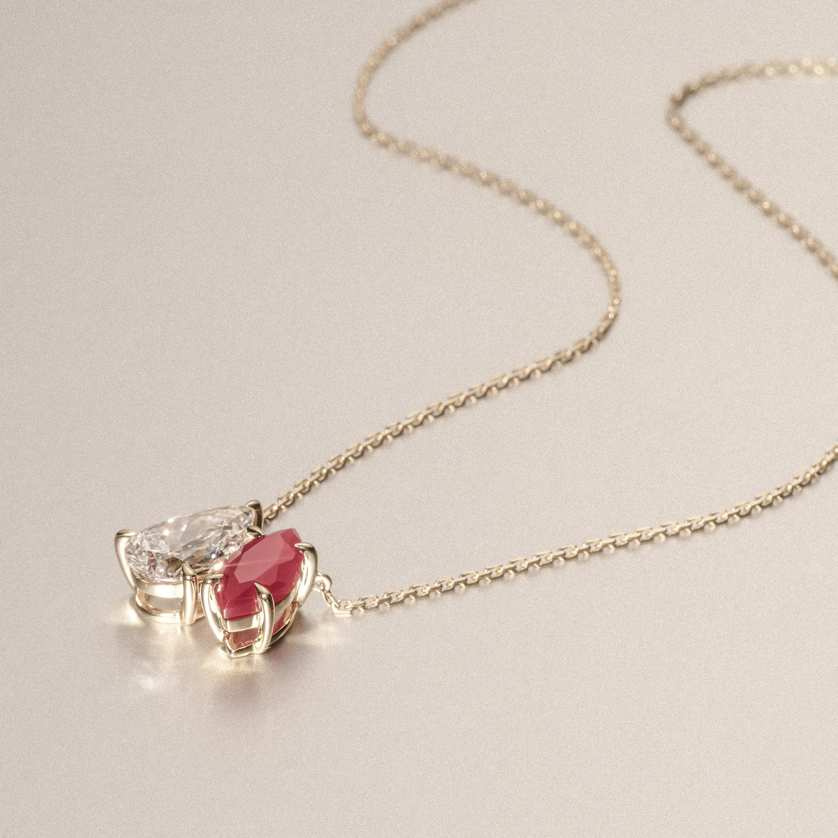 Toi Et Moi 1.50ct Pear Lab Diamond and 1.30ct Marquise Lab Ruby Necklace in 18K Yellow Gold