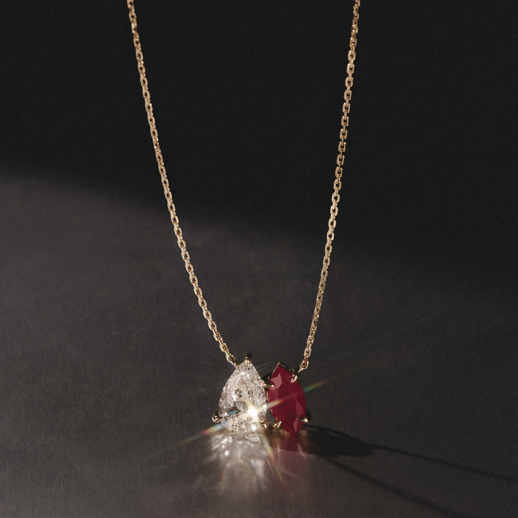Toi Et Moi 1.50ct Pear Lab Diamond and 1.30ct Marquise Lab Ruby Necklace in 18K Yellow Gold
