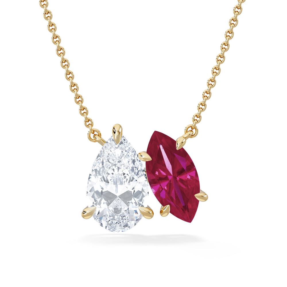 Toi Et Moi 1.50ct Pear Lab Diamond and 1.30ct Marquise Lab Ruby Necklace in 18K Yellow Gold