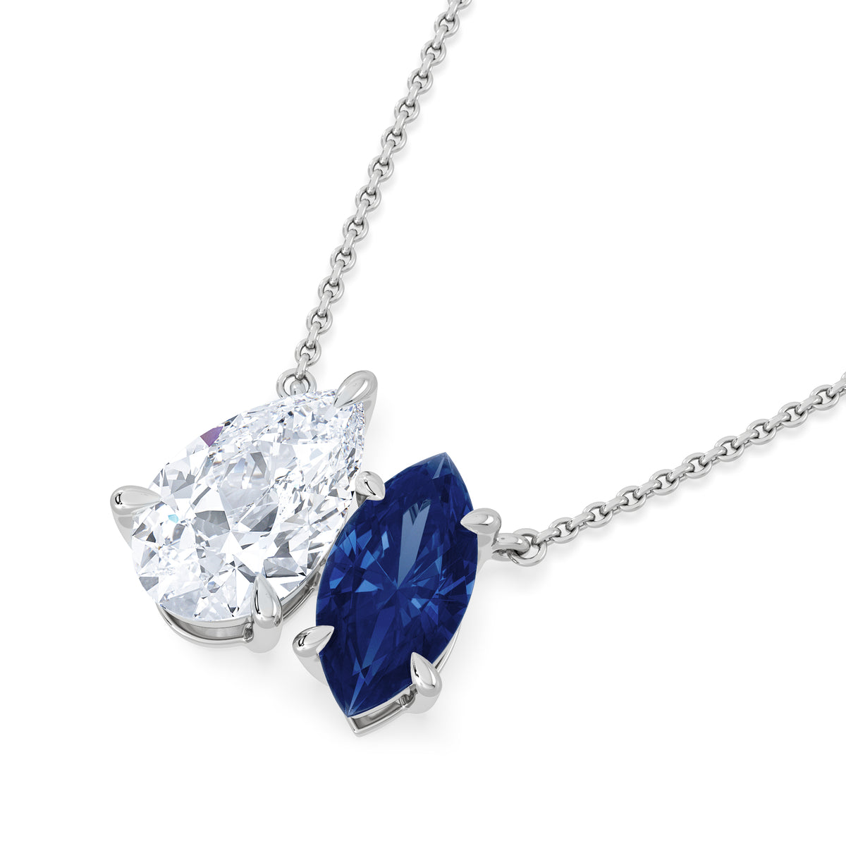 Toi Et Moi 1.50ct Pear Lab Diamond and 1.30ct Marquise Lab Sapphire Necklace in 18K White Gold