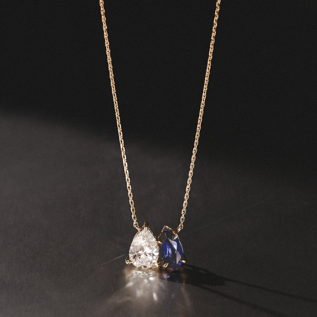 Toi Et Moi 1.50ct Pear Lab Diamond and 1.30ct Marquise Lab Sapphire Necklace in 18K Yellow Gold