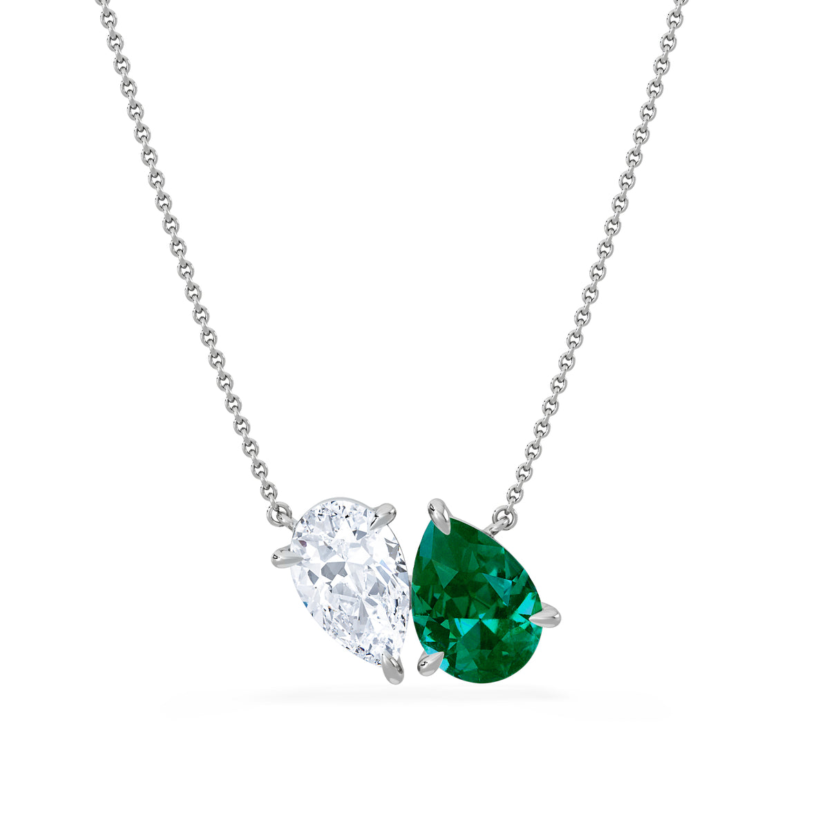 Toi Et Moi 1.50ct Pear Lab Diamond and 2.50ct Pear Lab Emerald Necklace in 18K White Gold