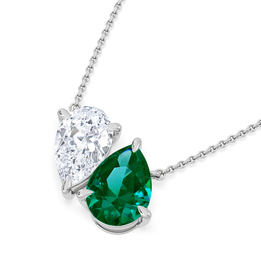 Toi Et Moi 1.50ct Pear Lab Diamond and 2.50ct Pear Lab Emerald Necklace in 18K White Gold