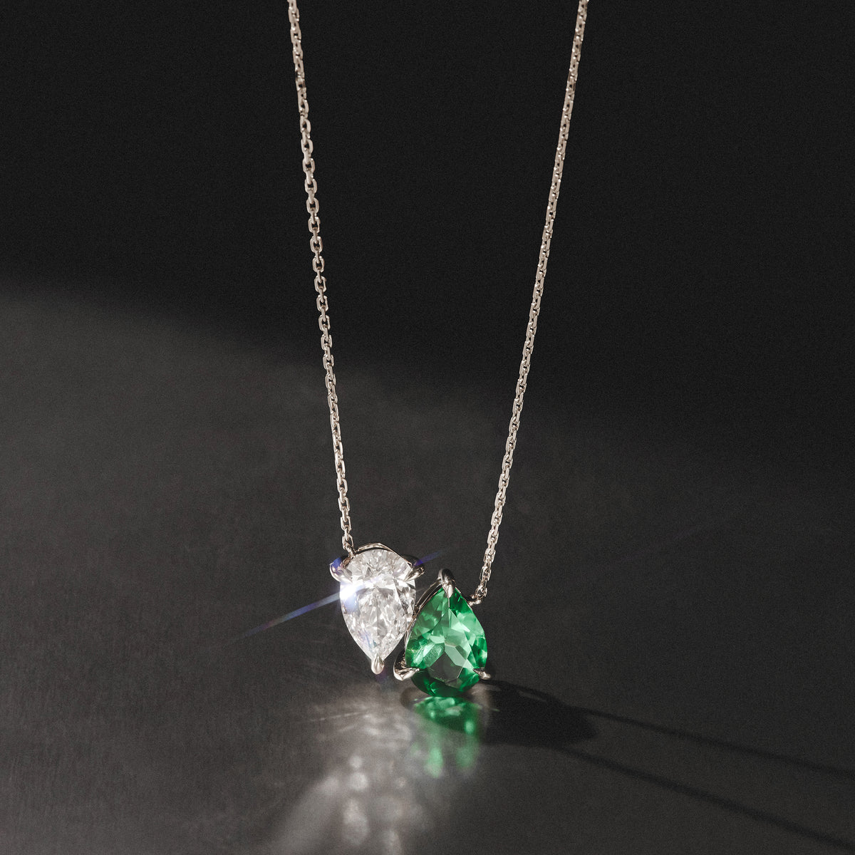 Toi Et Moi 1.50ct Pear Lab Diamond and 2.50ct Pear Lab Emerald Necklace in 18K White Gold