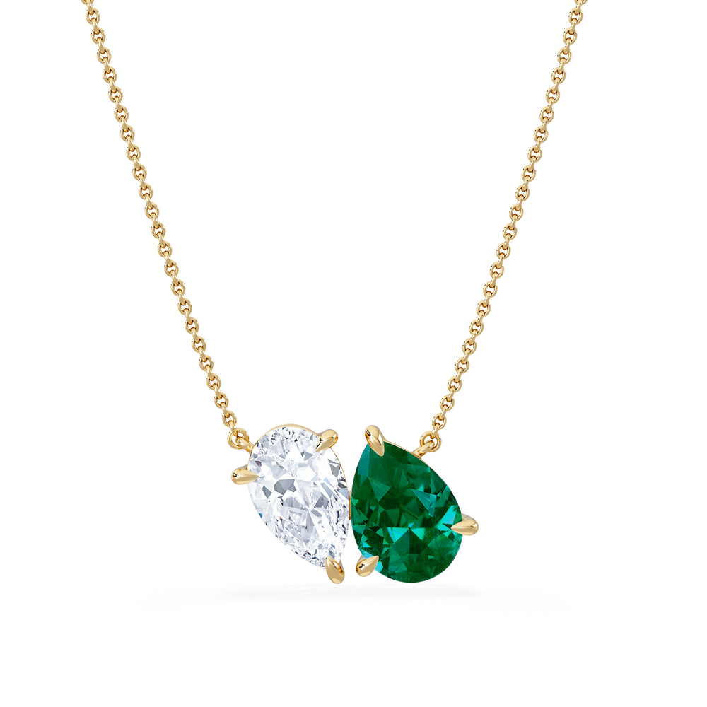 Toi Et Moi 1.50ct Pear Lab Diamond and 2.50ct Pear Lab Emerald Necklace in 18K Yellow Gold