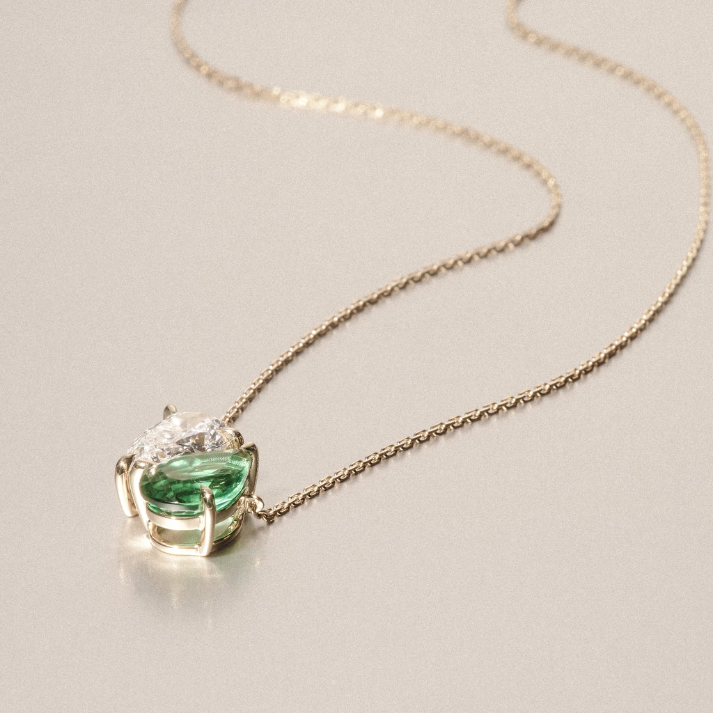 Toi Et Moi 1.50ct Pear Lab Diamond and 2.50ct Pear Lab Emerald Necklace in 18K Yellow Gold