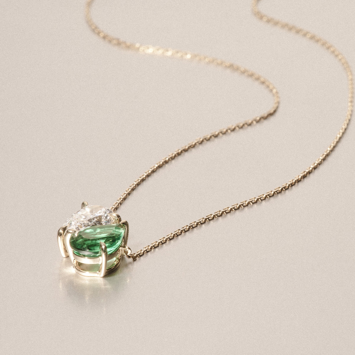 Toi Et Moi 1.50ct Pear Lab Diamond and 2.50ct Pear Lab Emerald Necklace in 18K Yellow Gold