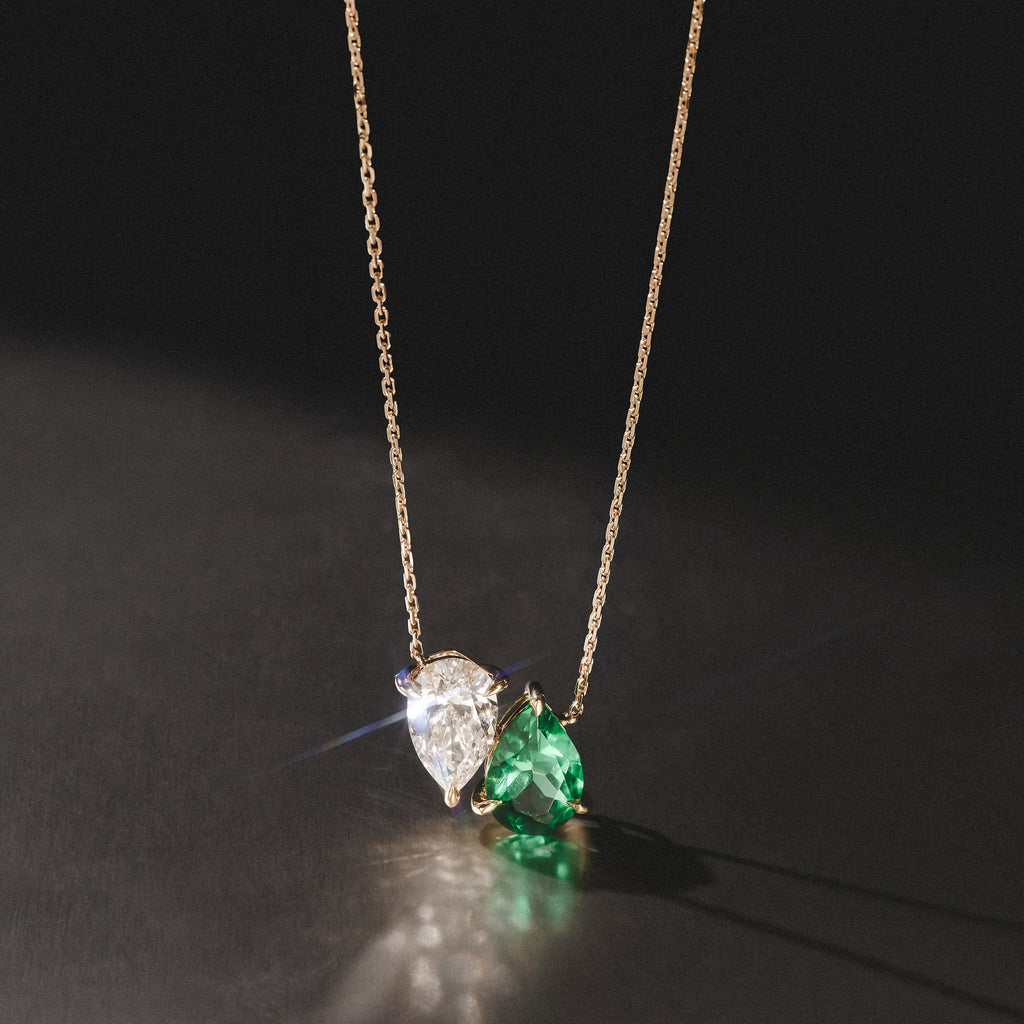 Toi Et Moi 1.50ct Pear Lab Diamond and 2.50ct Pear Lab Emerald Necklace in 18K Yellow Gold