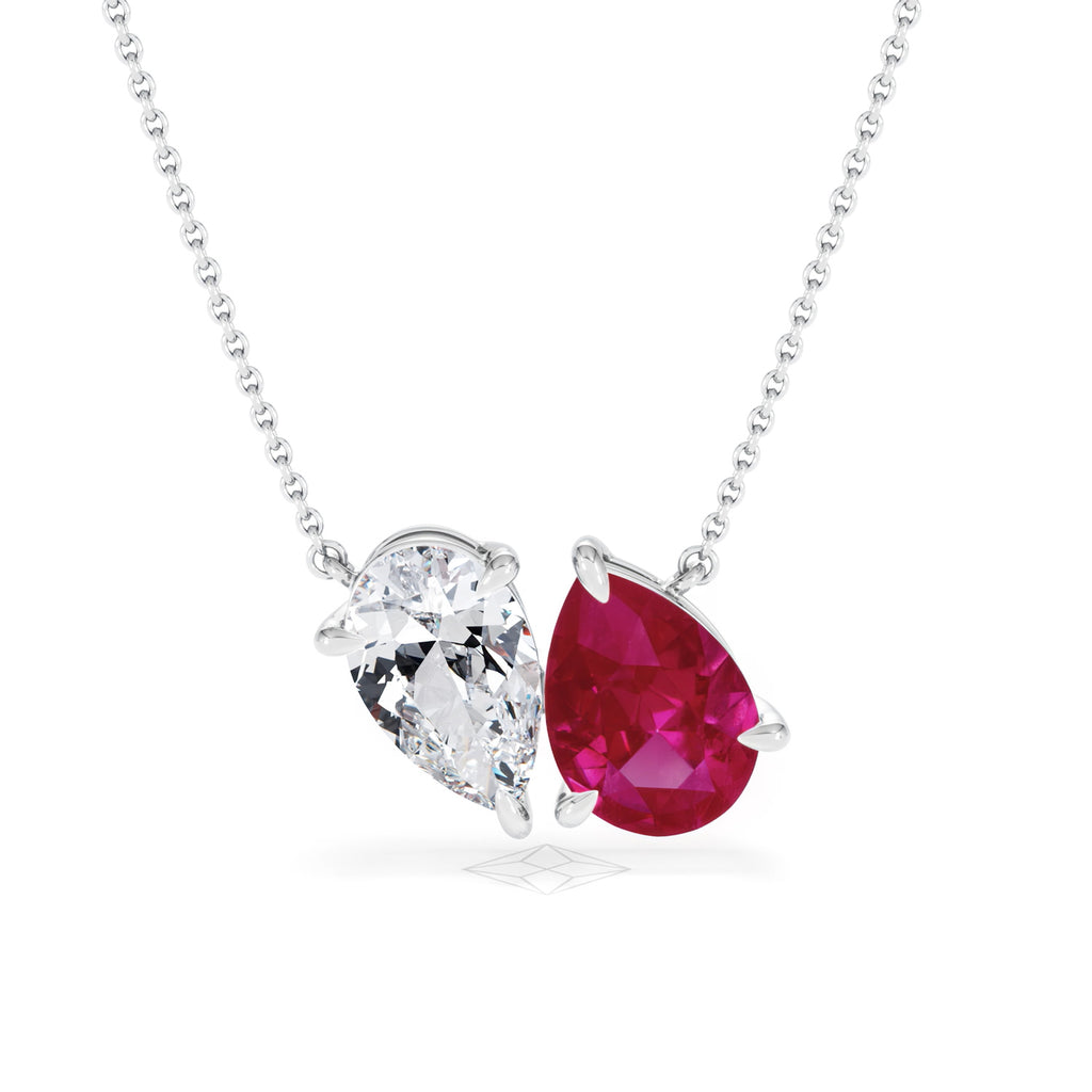 Toi Et Moi 1.50ct Pear Lab Diamond and 2.50ct Pear Lab Ruby Necklace in 18K White Gold