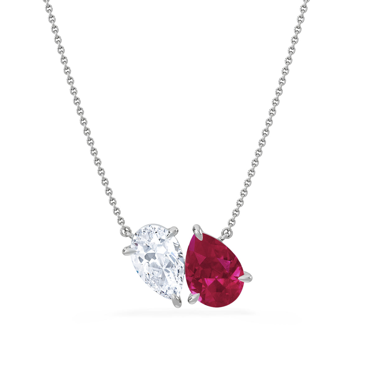 Toi Et Moi 1.50ct Pear Lab Diamond and 2.50ct Pear Lab Ruby Necklace in 18K White Gold